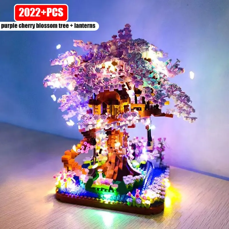 With Lights Sakura Tree House Building Blocks City Cherry Blossom Japanese Friends Street View Mini Bricks Toys Chsristmas Gifts