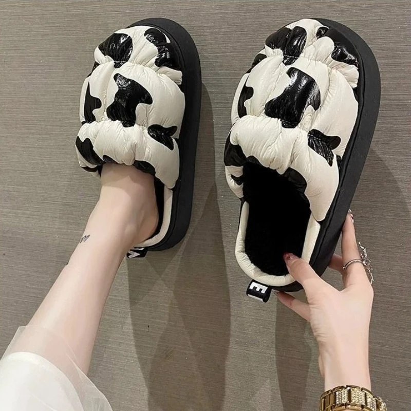 الخريف الشتاء صوف مبطن المرأة نعال من القطن البقرة طباعة لطيف سميكة وحيد الارتفاع زيادة المنزل مقاوم للماء الدافئة بعد الولادة