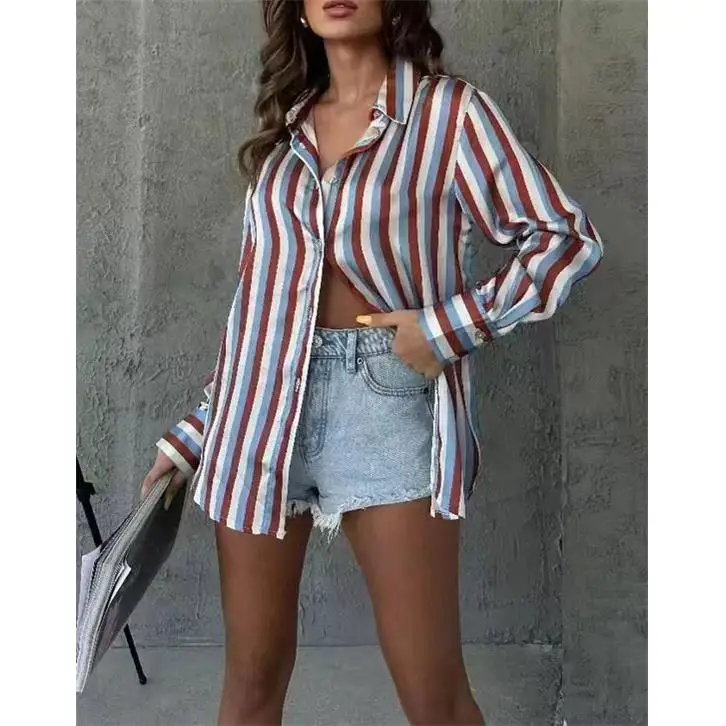 Women's Satin Striped Long Sve irt Ele Profional Workwear Cusizable Design Service DIY