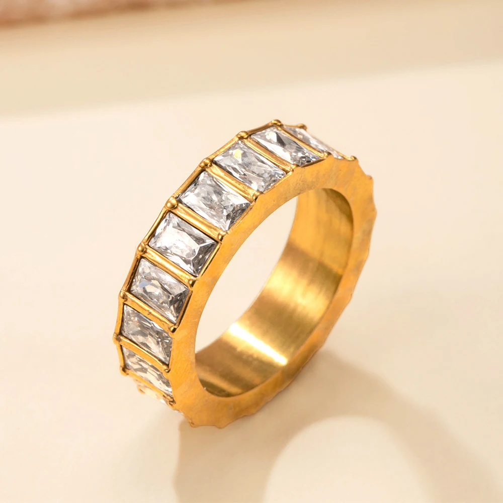 Luxury Micro Paved Square Cubic Zirconia Promise Love Rings Stainless Steel Women Engagement Wedding Party Jewelry Daily Wear