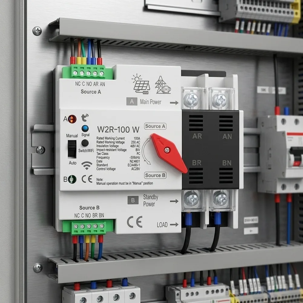 220V 2P 100A Dual Power Wireless Transfer Switch With Manual/Auto Control, Overvoltage Protection For Data Center