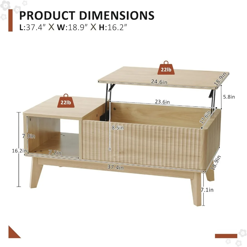 Mesa de centro elevatória canelada com compartimento oculto, mesa central moderna para sala de estar, escritório doméstico, natural