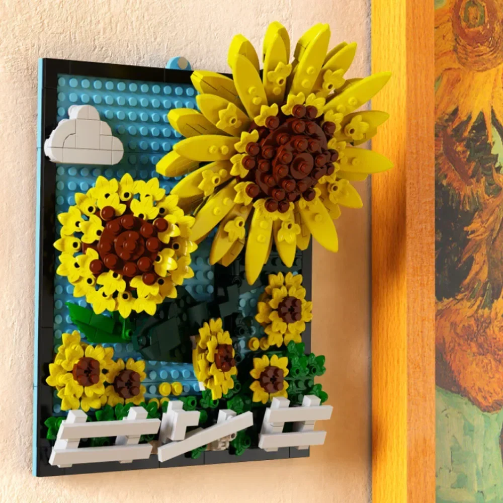 1277PCS Sunflower Vase Wall Art Building Bricks Kit Creative Painting Block Model with Artist Figurine Decor Toy Gift for Adults