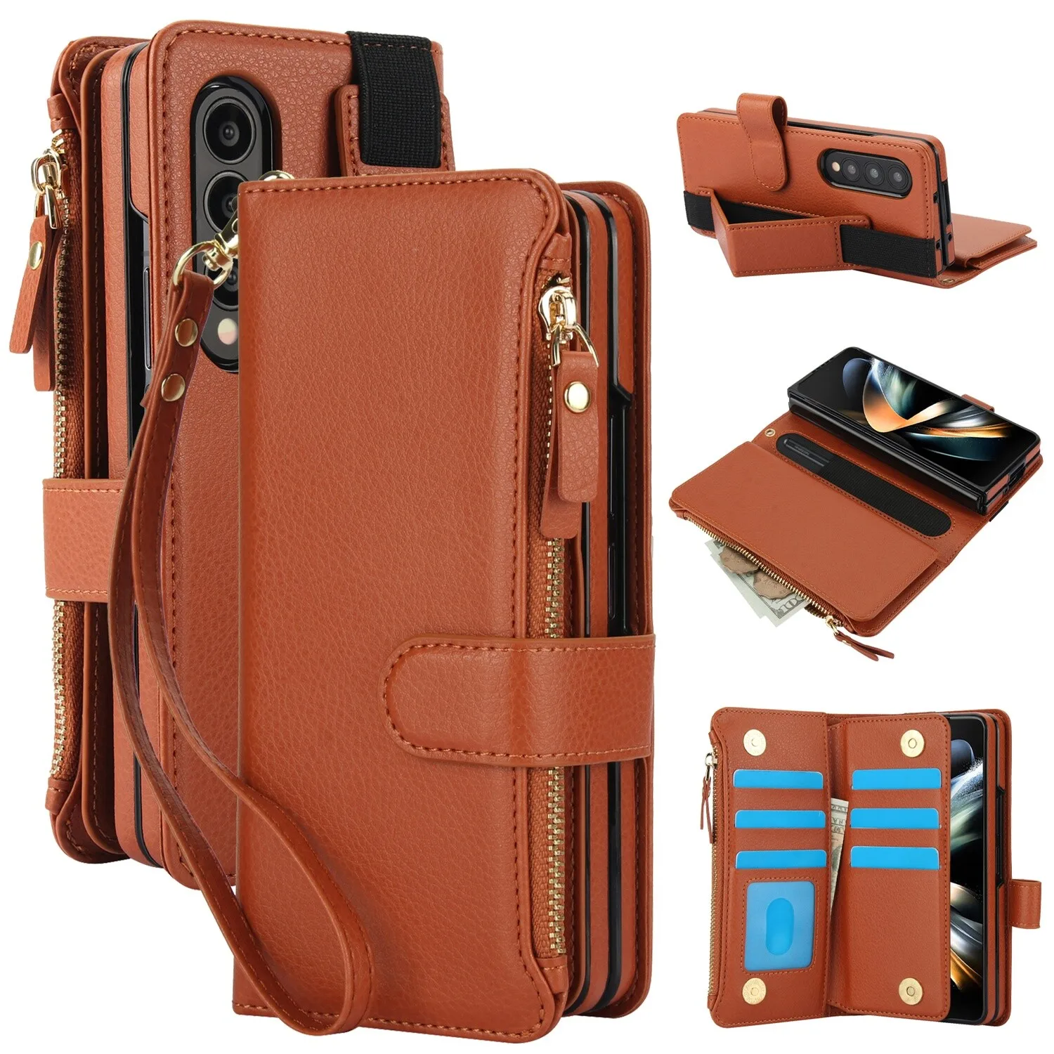 

Leather Zipper Wallet Phone Case Card Pocket Slots For Samsung Galaxy Z Fold 6 5 4 3 Wristband Holder Phone Stand Hard Cover