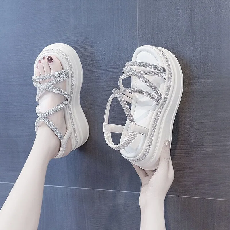

Women Platform Sandals Fashion Crystal Sandals Cross Strap Wedge Heel Sandal Summer Roman Shoes Open Toe Beach Sandals for Women