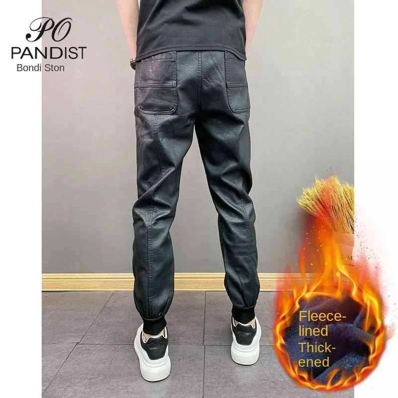 Fashion Elastic Waist Casual Pants for Men with Fleece Windproof and Warm Heat Autumn Winter Trousers Black Pu Leather Pants Men