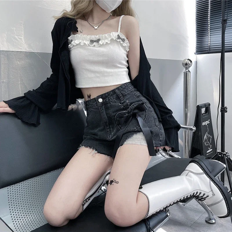 

New In Strappy Baggy Women's Denim Shorts Y2k Vintage Cheap Flowy Kpop 2000s Clothes Casual Comfy Hot Female Short Jeans Pants