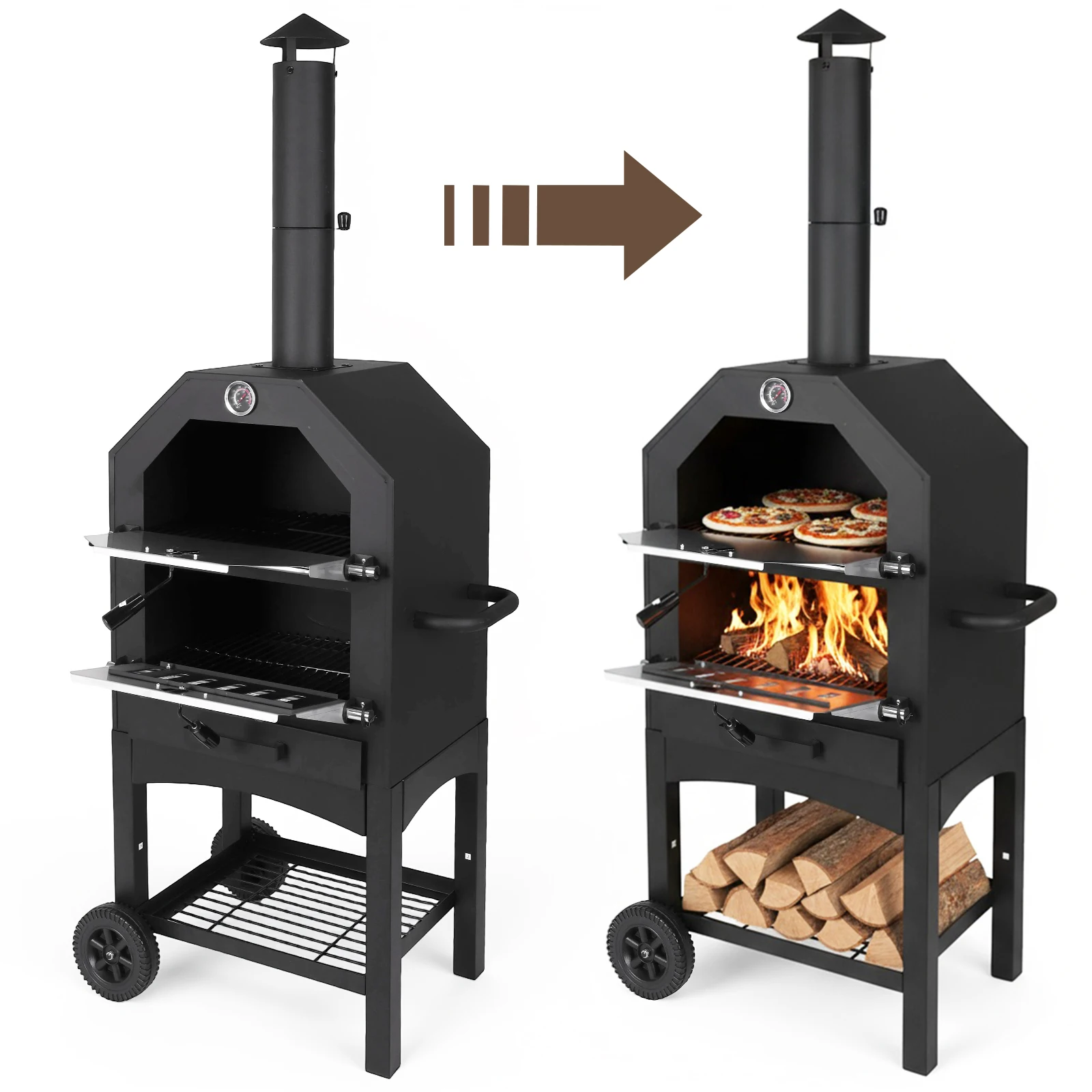 

Двухуровневая отдельностоящая печь для пиццы на древесном угле с отсеком для дров, большая печь для пиццы на древесных пеллетах для дачи, кемпинга и пикников