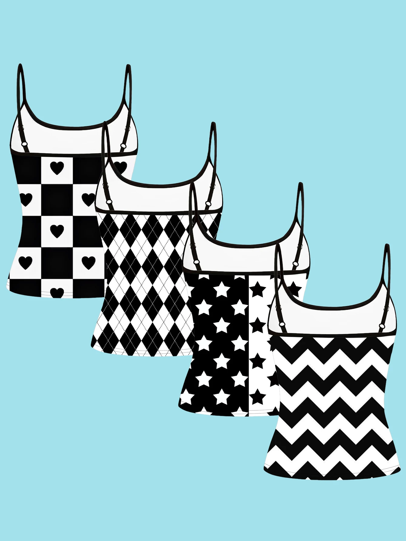 4-Piece Set of Women's Y2K Style Printed Camisoles, Black and White Checkerboard, Heart, Diamond, Star, and Wave Patterns, Slim-Fit Spaghetti Strap Tops
