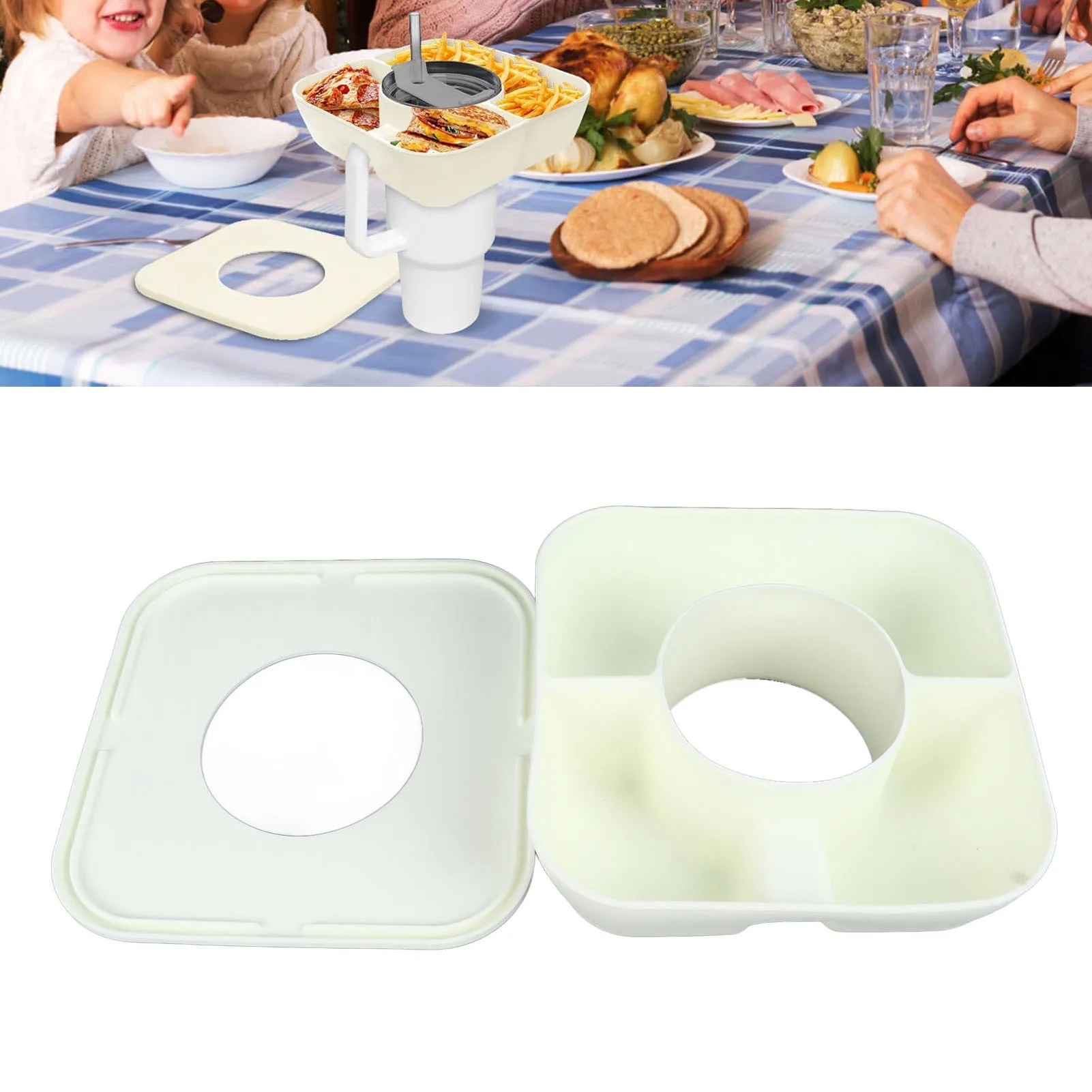 Tumbler Snack Bowl with Lid Beige Rectangle Ring 3 Compartments Reusable Silicone Food Tumbler Snack Container Tray for 40Oz Cup