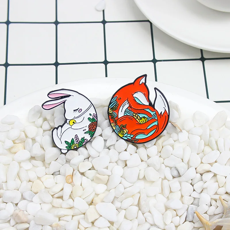 Cartoon Animal Brooches Plant flowers Red Fox Rabbit Mushroom Enamel Pins Bag Clothes Lapel Lovely Badge Jewelry Gift for Kids