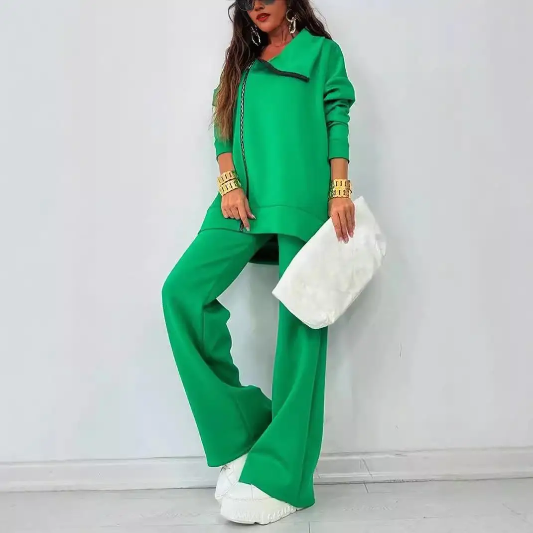 Felpa con cerniera da donna e pantaloni a gamba larga Set lungo Sve Classic Sle Pure Color Autumn Faion Tee Piece Set