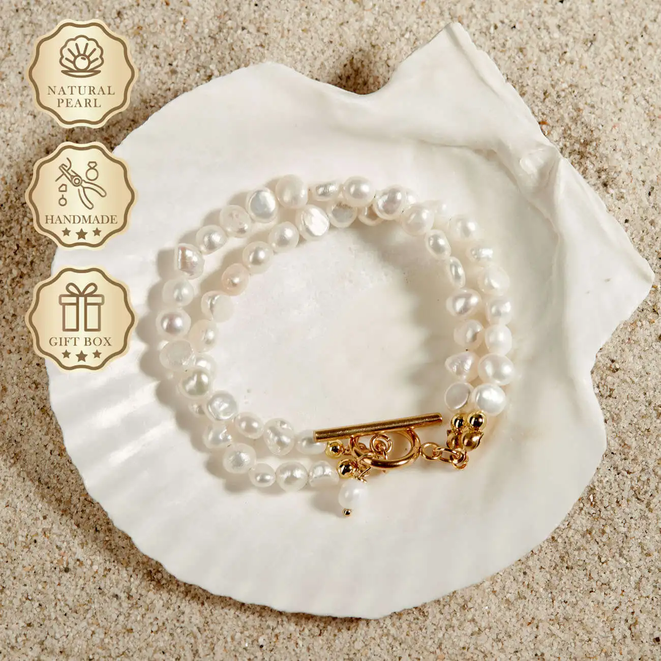 

MYSOYA White Baroque Freshwater Pearl Bracelet 4–5mm Double Layer with Gold OT Clasp, Gift Box, Birthday/Anniversary Gift