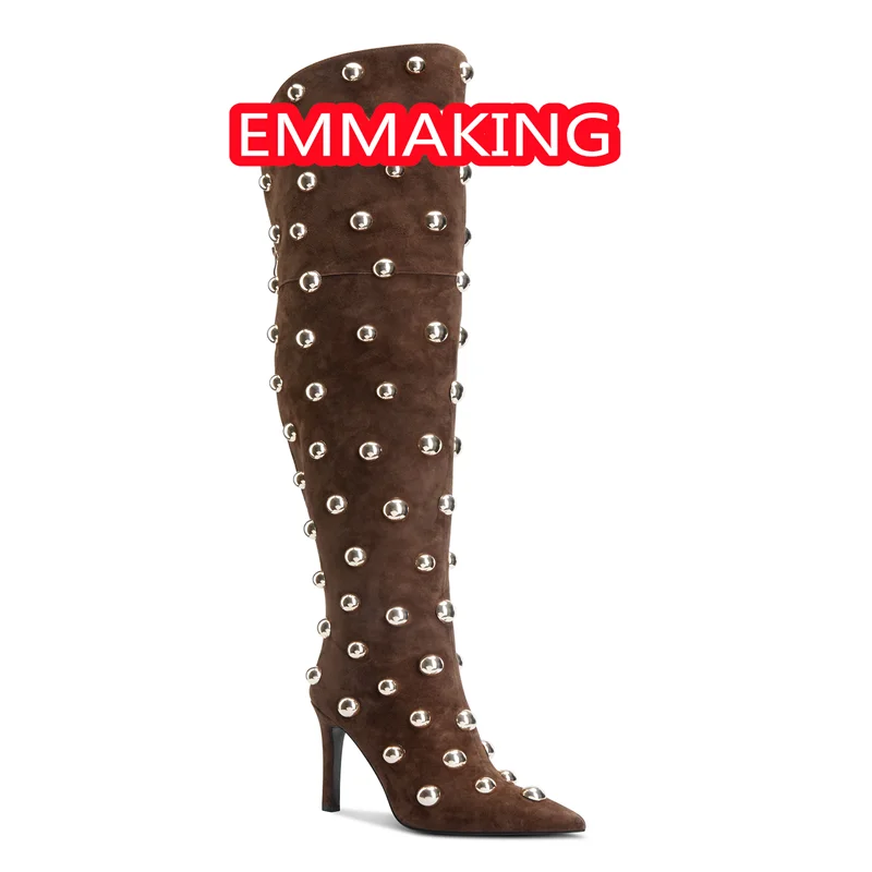 المدرج القهوة ريفيتس خنجر النساء الشتاء أحذية طويلة 2024 أشار تو موضة جديدة روما حفلة شيء أحذية عالية أحذية الزفاف #2