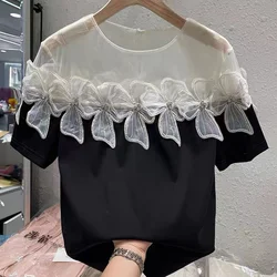 2023 New Fashion Slim Round Neck Mesh Spliced Beaded 3D Flower Short Sleeve Chiffon Shirt for Women Summer