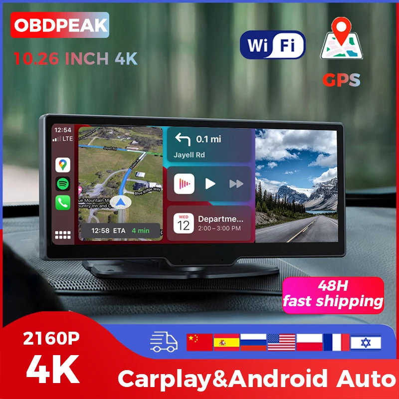 

Автомобильный видеорегистратор Carplay и Android, Автомобильный видеорегистратор с GPS, Wi-Fi, AUX, 10,26 дюйма, видеорегистратор с основной консолью, 2160P, FHD, задним объективом