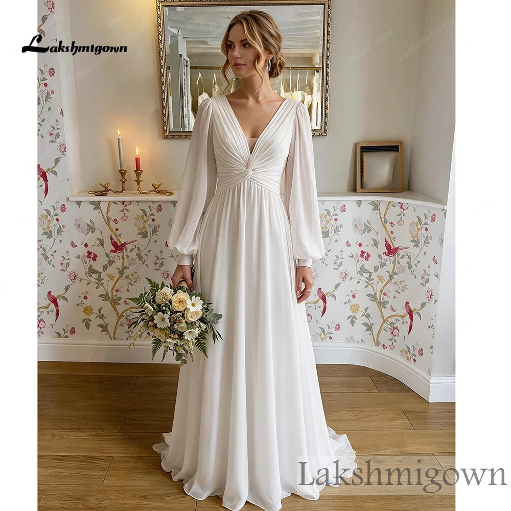 Lakshmigown Boho Chiffon Hochzeitskleid mit Puffärmeln, tiefem V-Ausschnitt, gedrehtem Oberteil, Schleife am Rücken, A-Linie, Schleppe, Brautkleid – Detail 4