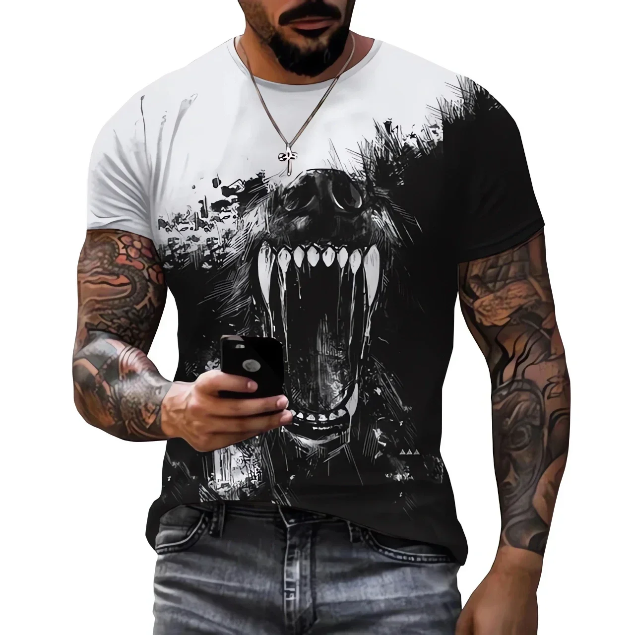 

Summer 2025 Friday 3D Printed Wolf Quick Dry Breathable Sport Men's Plus-size Round Neck T-shirt