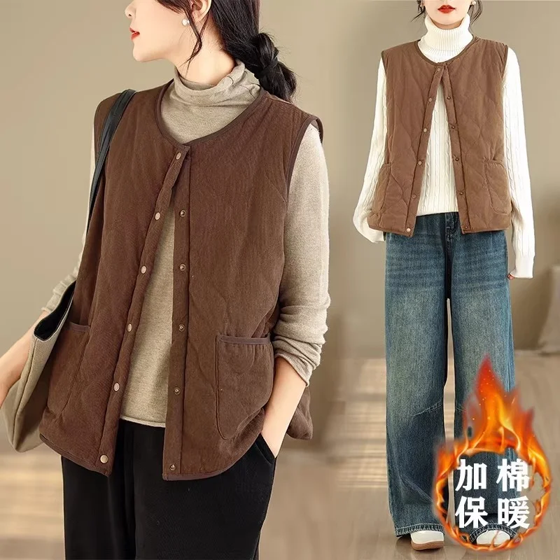 Retro Simple Corduroy Vest for Women - Thick Quilted Sleeveless Coat, Loose Cotton Jacket for Spring Fall, Solid Color Top w1874