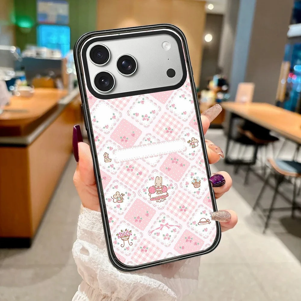 Lingge Pink Rabbit Impact Black Border Magnetic Phone Case Cover for IPhone 13 14 15 16 17 Pro Max Case for IPhone Air