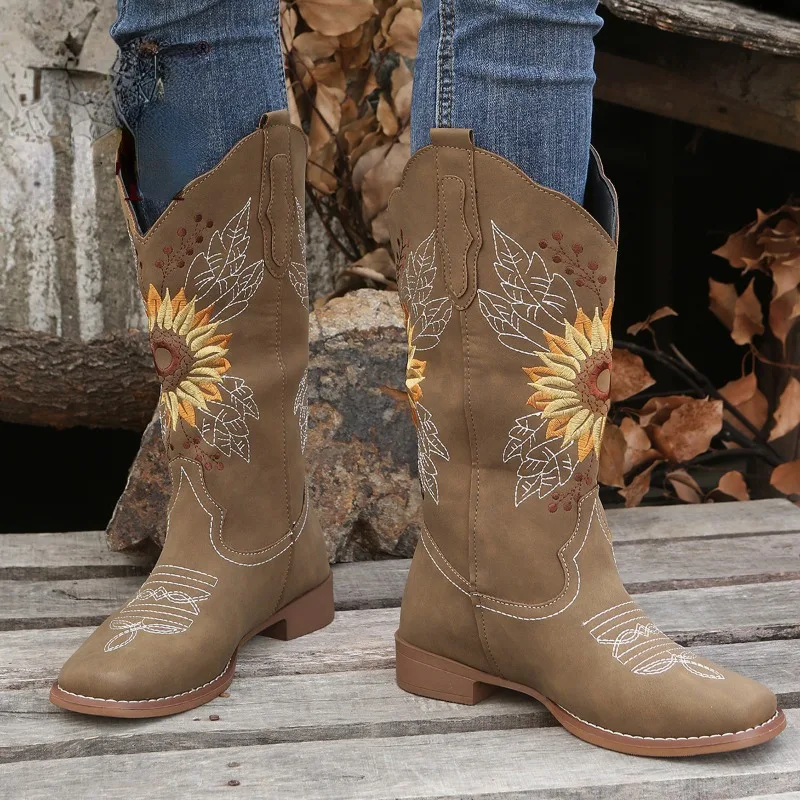 New Women Coffee Brown Embroidery Boots PU Leather Printed Western Cowboy Boots Deep V-mouth High Tube Casual Boots size 35-43