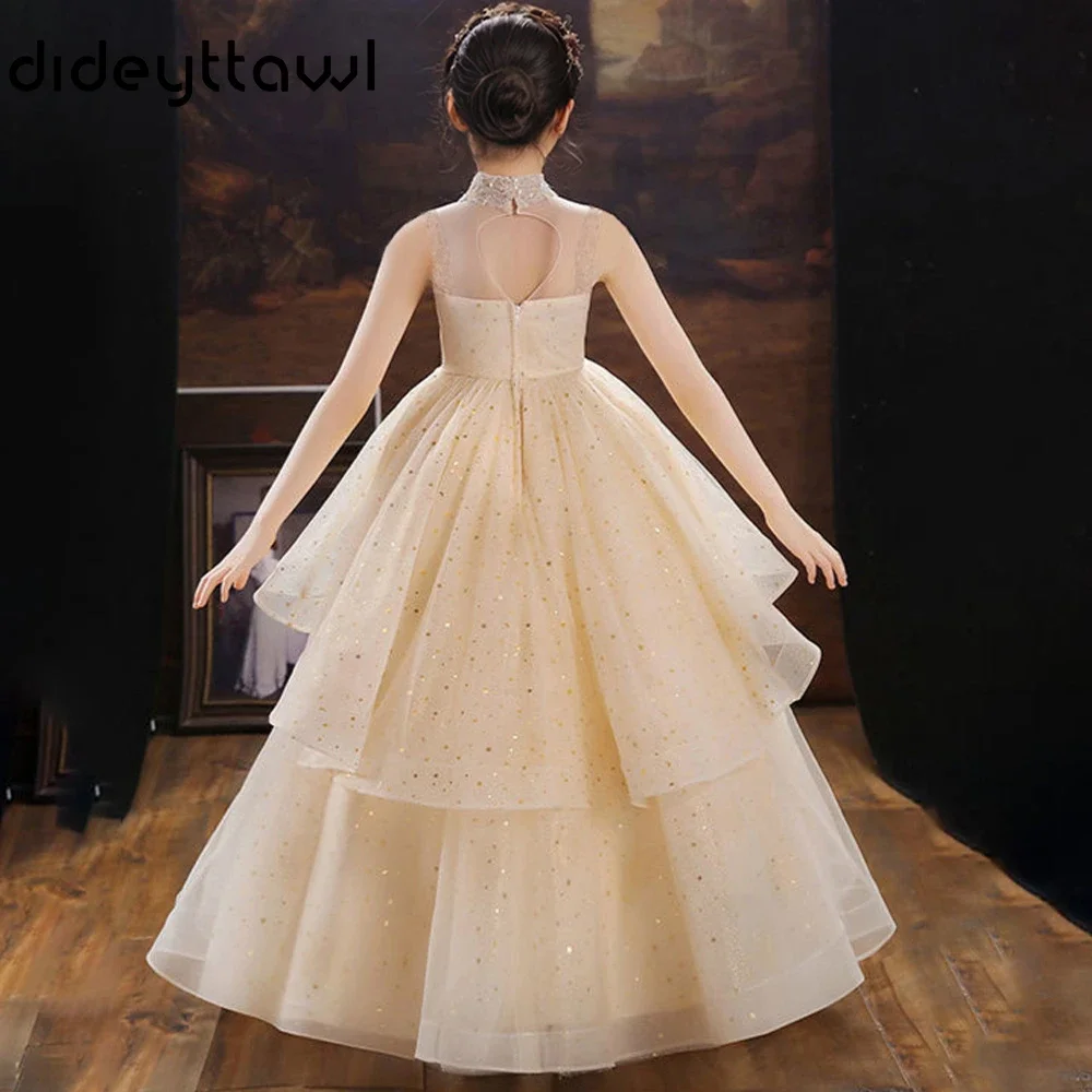 Customized Girls High Neck Sheer Mesh Sleeveless Sequin Beaded Bodice Layered Tulle Skirt Heart Cutout Back Floor