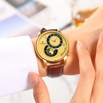 AAA+ Forsining earth image two dial automatic mechanical watch for men fashion watch for men leather strap Relogio Masculino