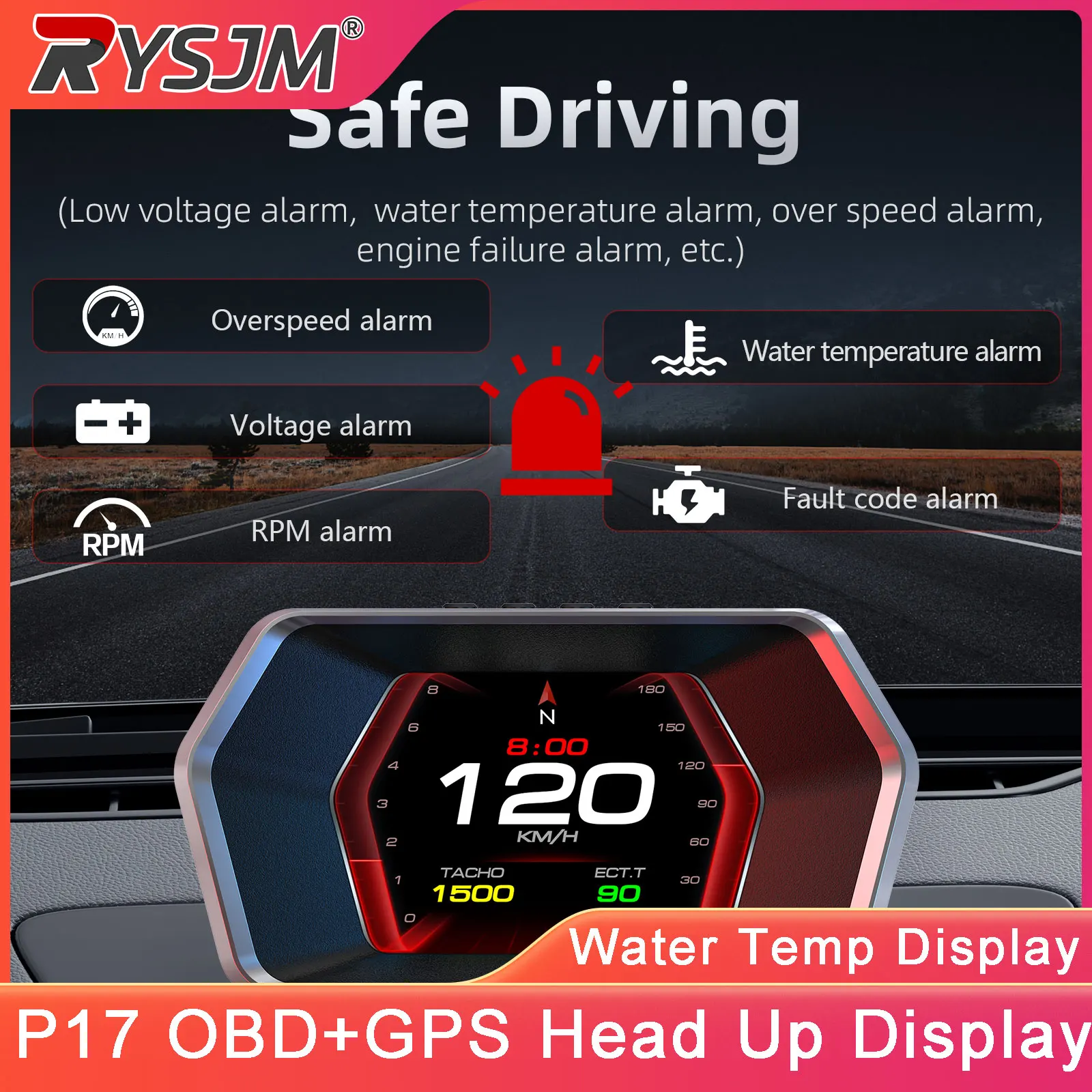 

P17 OBD2+GPS Умный цифровой проекционный дисплей HUD для автомобиля: спидометр, сигнализация, отображение температуры охлаждающей жидкости, давления турбонаддува, температуры воды и масла