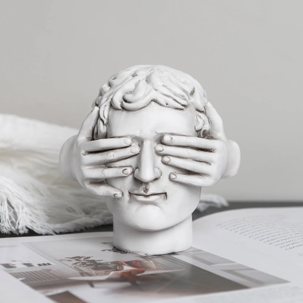 Artistic Resin Head Sculpture with Hands Covering Eyes, Vintage Home Decor Piece, Classical Home Decoration Statues and Figurine