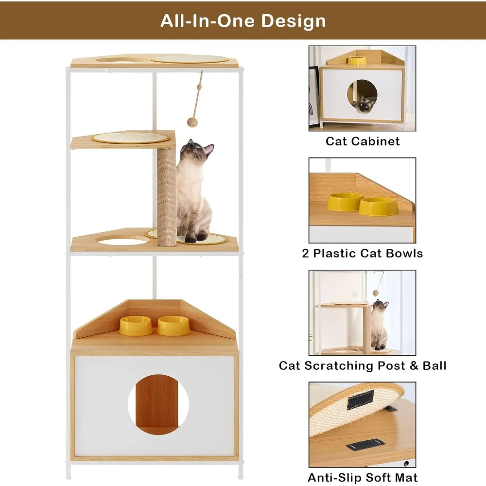 برج القطط الزاوية من soges، شجرة القطط مع عمود خدش، شقة القطط مع محطة تغذية ومنصات التسلق، أثاث الحيوانات الأليفة لـ