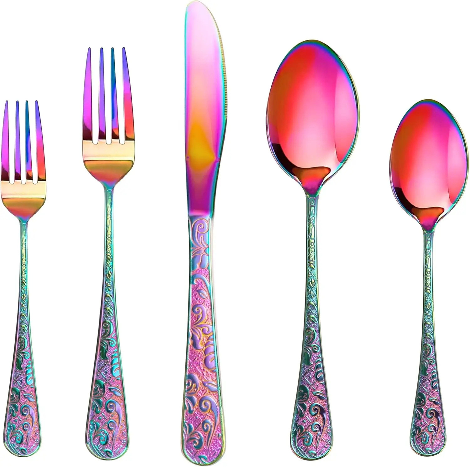 

Винтажный набор столовых приборов из нержавеющей стали с резным радужным узором, 20 предметов, цветной сервиз с рельефным декором
