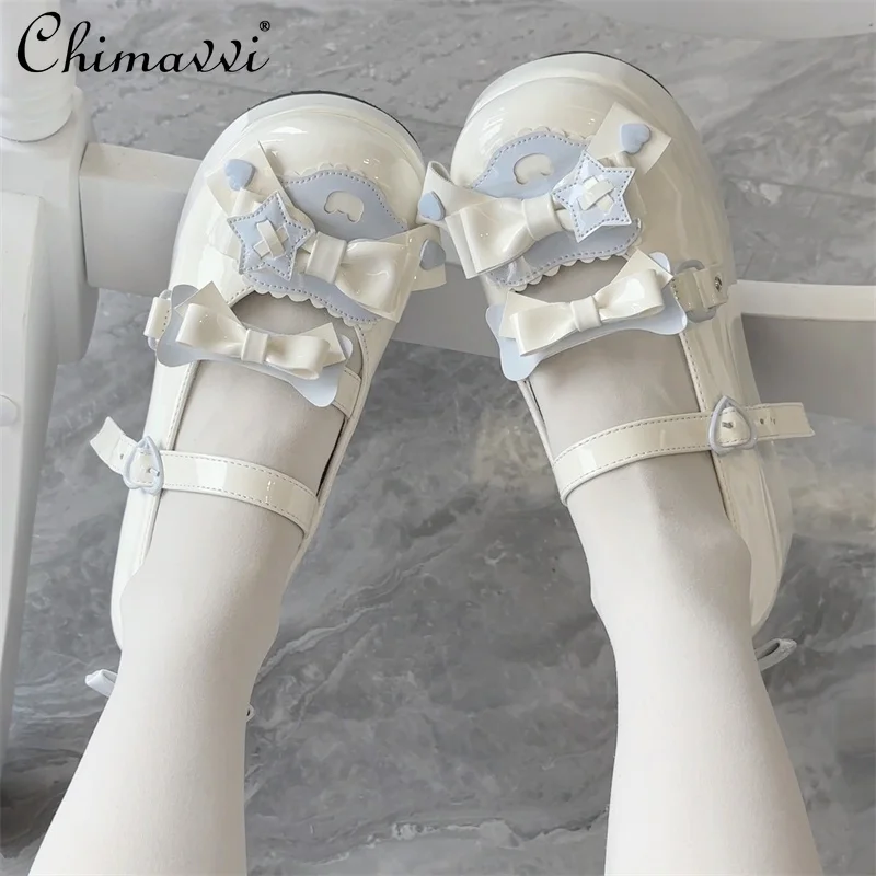 Japanese Lolita Mary Jane Shoes Sweet Bow Round Toe Platform Heels Preppy Style Daily Heels Women Kawaii Leather Shoes Student