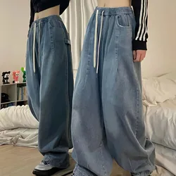 Pantalon en denim vintage pour femme, jean à lacets, jambe large, streetwear grunge, coréen, respirant, Y2K, fjge