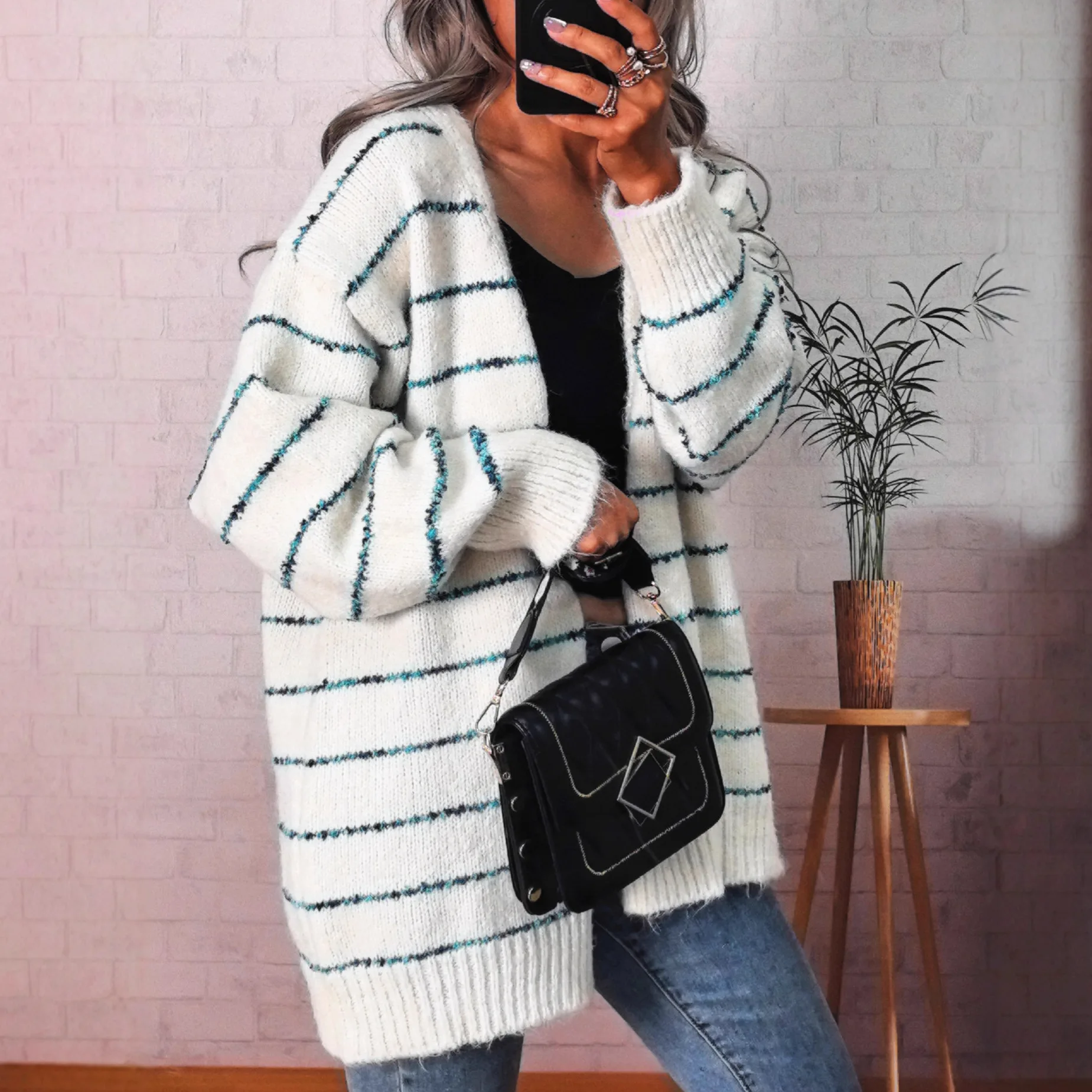 

Autumn Winter Vintage Stripe Knitted Cardigan Long Coat Women Casual Commuting Style Single-breasted Sweater Coats Streetwear