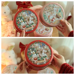 2025 Christmas Festival Cute Rabbit Cookies Packing Box Round Empty Tin Candy Gift Box Cake Tea Dessert Organizer Container