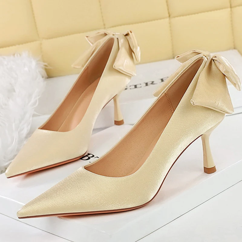 BIGTREE Shoes Pointed Women Pumps Bowknot Satin Kitten Heels Ladies Shoes Stiletto 6.5 CM Comfort Luxury Banquet Shoes Women