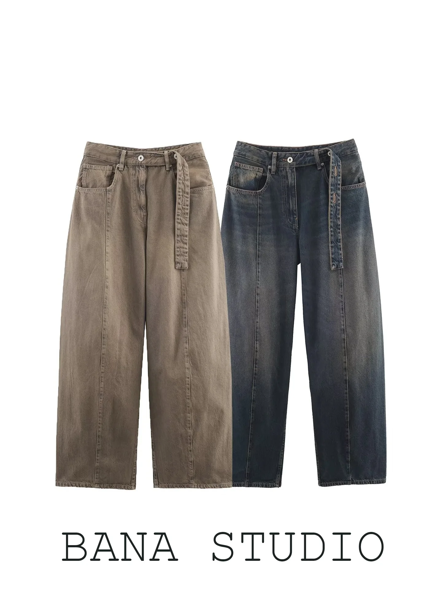 

BANA American Street Style Faded Wide Leg Knife Pants Long Jeans Women's 2026 New High Waist Standard Fit Non-Stretch Denim