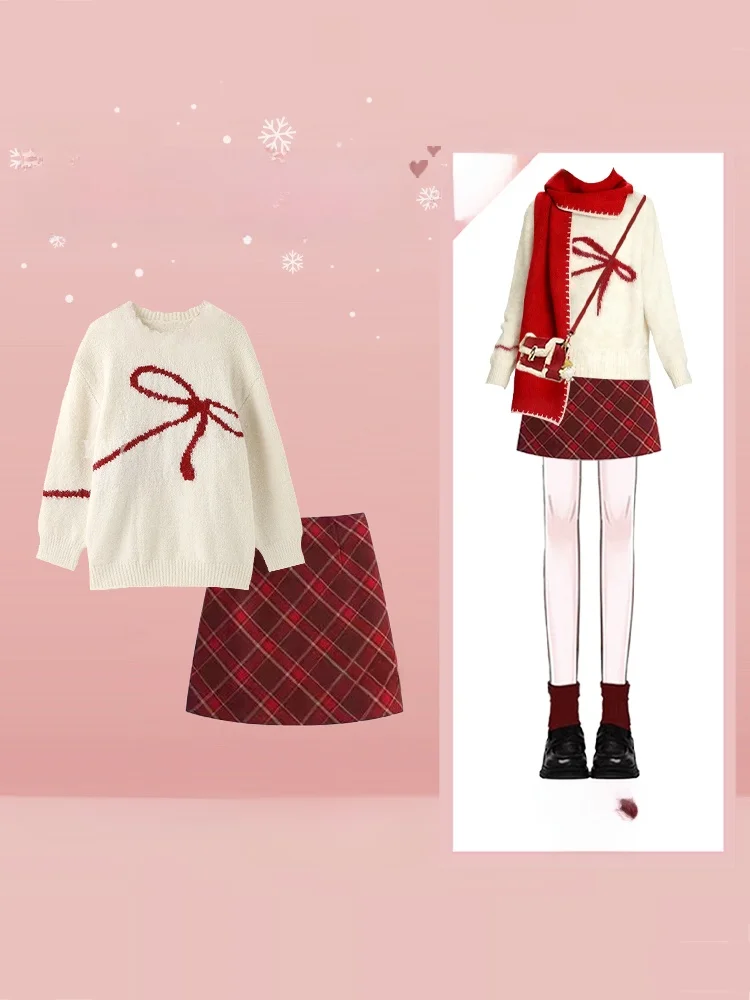 

Милый вязаный комплект: свитер и юбка для женщин, осенне-зимний модный студенческий костюм, длинный свитер с круглым вырезом