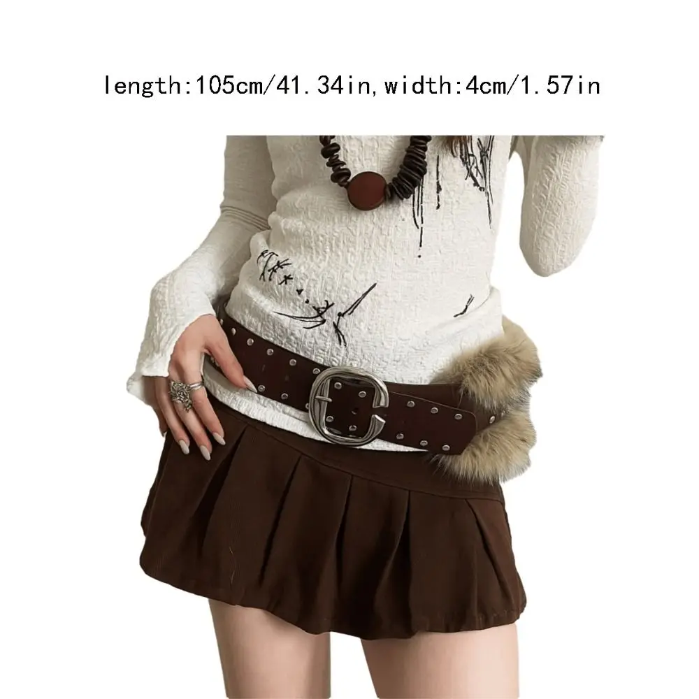 Fashion Rivet Leather Fur Belt Faux Fur Punk Y2K Waistband Retro Western Style Plush Belt Women