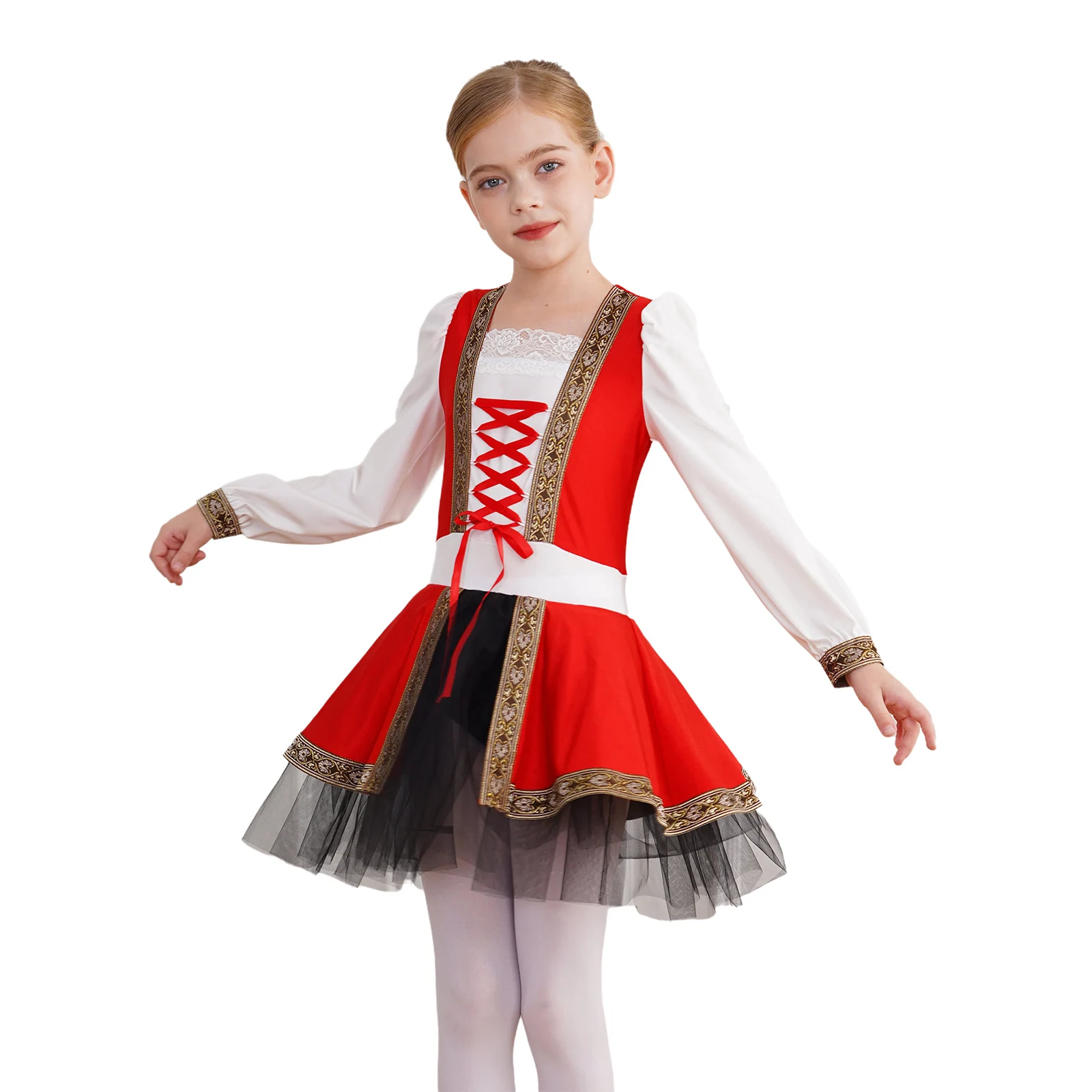 Kids Girls Halloween Medieval Renaissance Cosplay Costume Long Sleeve Lace-up Retro Tutu Princess Dress Role Play Party Bodysuit