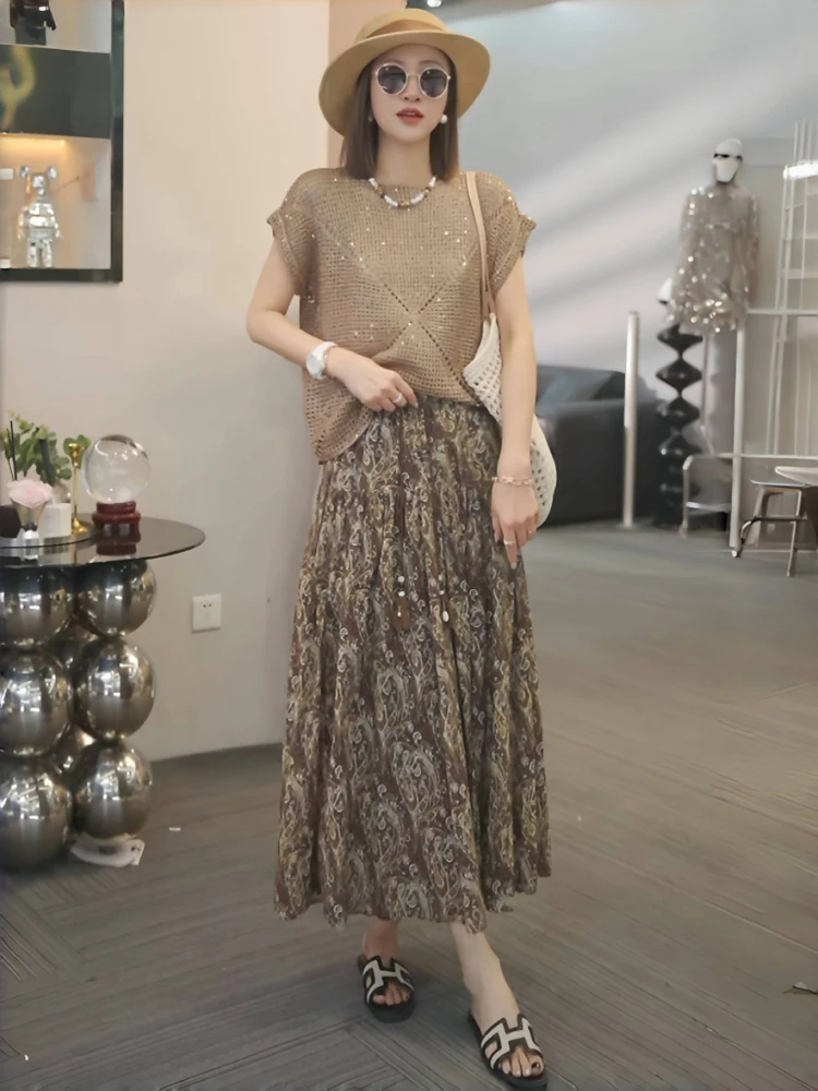 Stunning Floral Knitted Top And Skirt Set Women's Fashion Hollow out Design Summer Outfit Short Sleeve round Neck Two Pieces