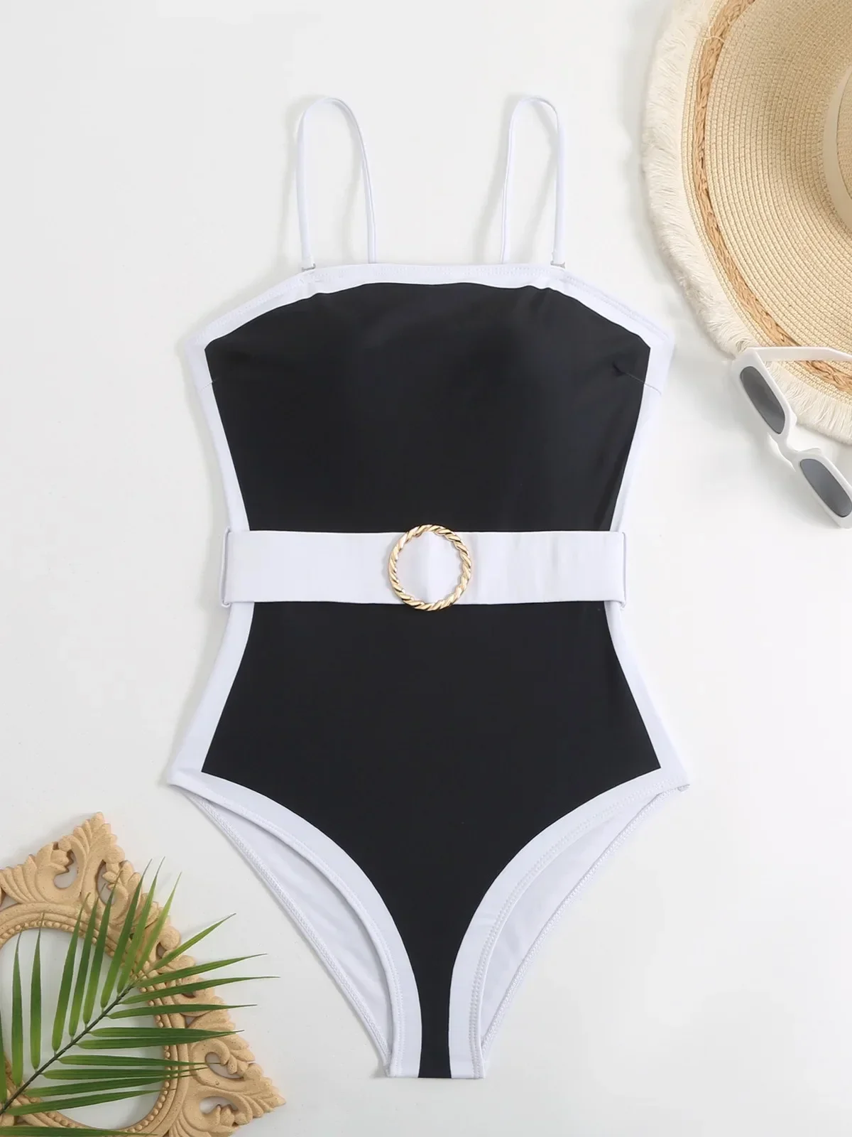Conjunto de traje de baño de una pieza para mujer, traje de baño de malla de manga larga con protección solar, Bikini Monokini ajustado con cinturón de retazos en blanco y negro 2024