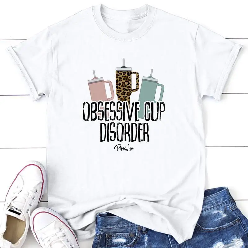

Funny "Obsessive Cup Disorder" T-shirt, Humorous Coffee Drink Lover Graphic Tee, Tumbler Slogan Top, Casual Streetwear
