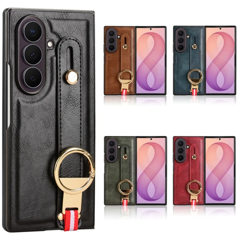 For Samsung Z Fold 8 Ultra Luxury Leather Cover Wristband Hand Strap Kickstand Metal Ring For Galaxy Z Fold 8 Ultra Phone Case