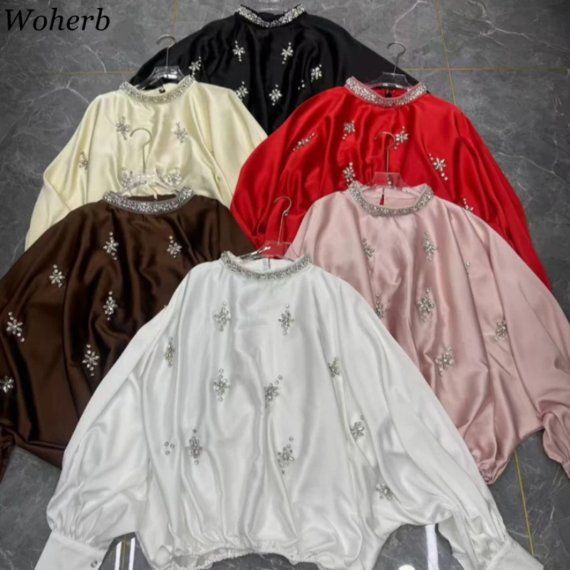 Blusas de Mujer con Pedrería Floral, Cuello Redondo, Manga Linterna, Holgadas, Estilo Coreano, Combinables, 2026