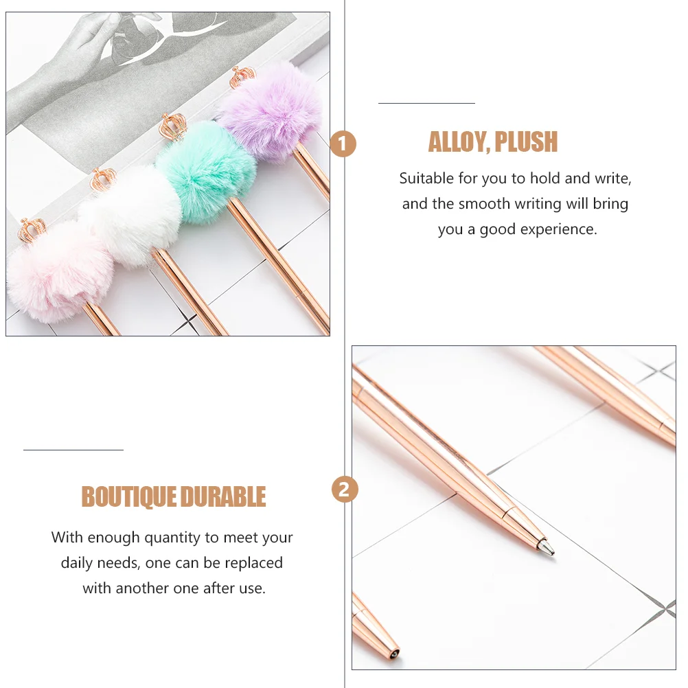 4 Pcs The Gift Crown Hair Ball Pen Adorable Ballpoint Delicate Writing Decor Sign Fuzzy Pompom Child