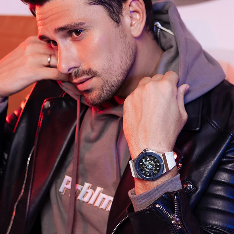 BONEST GATTI Мужские автоматические часы Роскошные часы 47 мм Механические наручные часы 50 м Водонепроницаемый сапфировый скелетон кожаный ремешок Дата