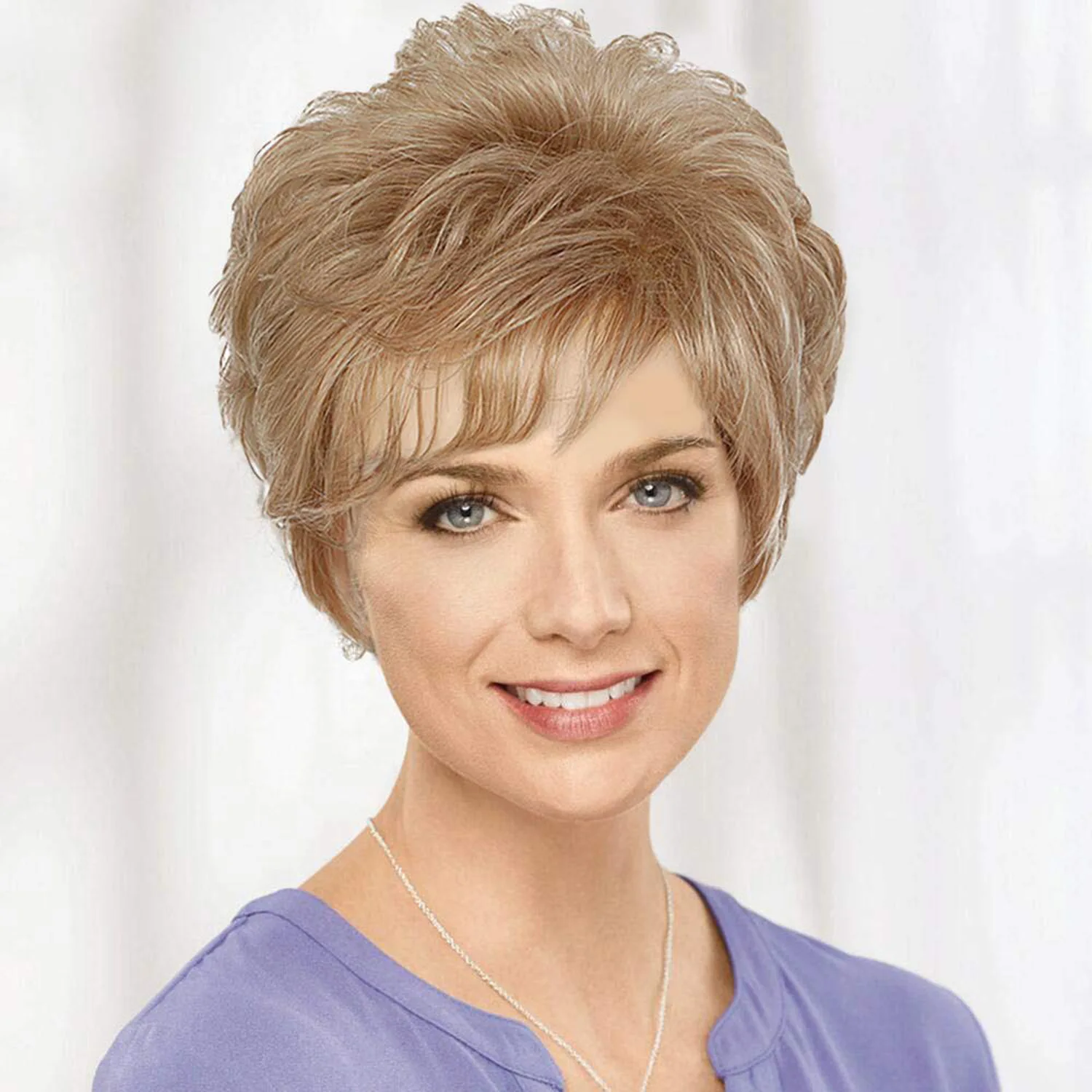 

Synthetic Short Curly Wig with Side Bangs Fashionable Women Daily Wear Heat Resistant Fiber Natural Looking Hairpiece for Party