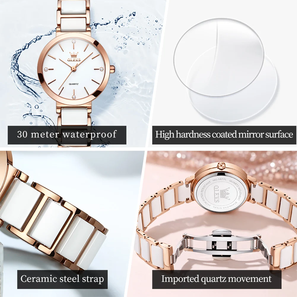 OLEVS Damski Zegarek 5877 Luksusowy Elegancki Zegarek Kwarcowy Wodoodporny Świecący Ceramiczny Pasek Zegarek Damski Zestaw Bransoletka Pudełko Prezentowe Reloj