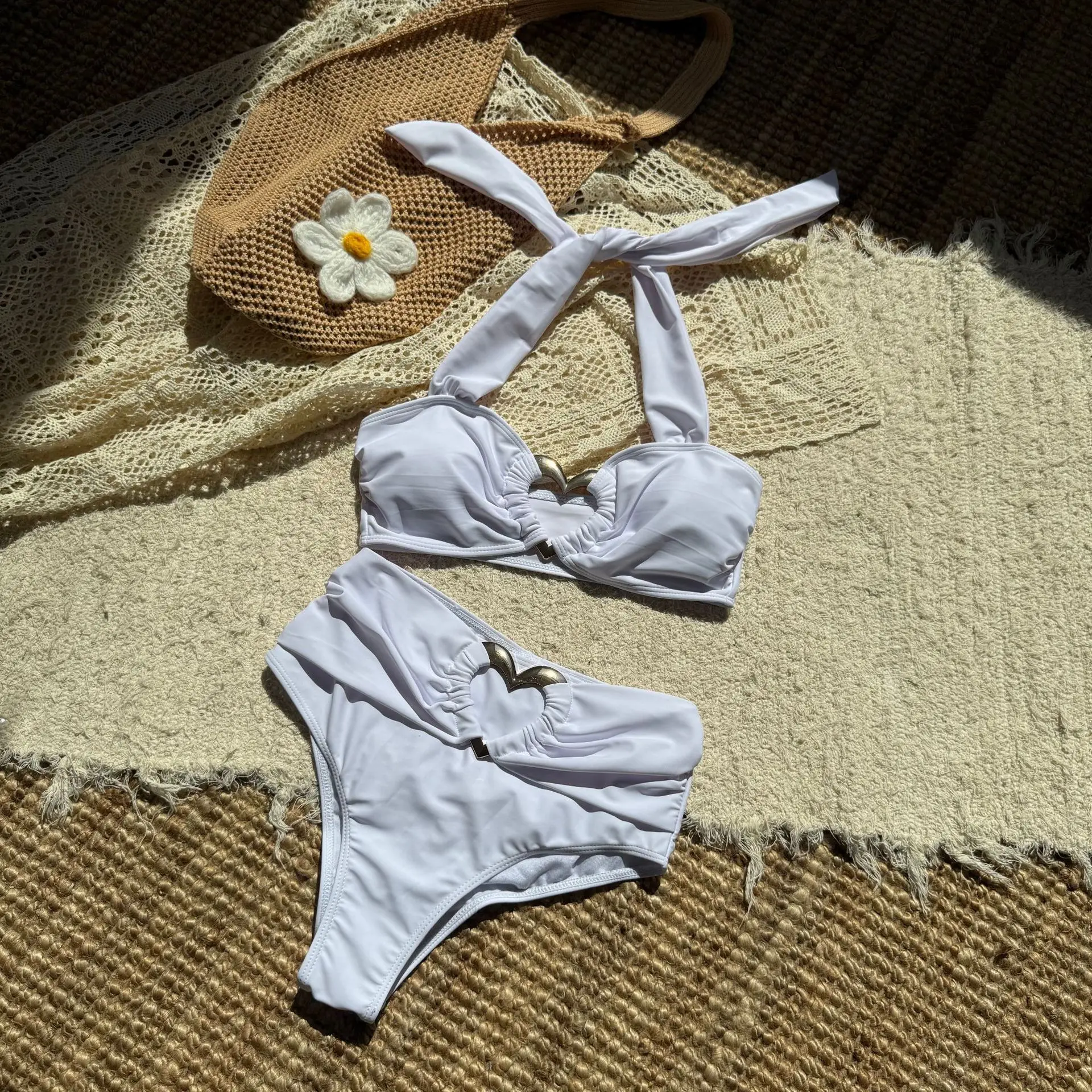 Sexy halter tie metal coração anel biquínis define duas peças de cintura alta maiôs beachwear maiô biquini tankini
